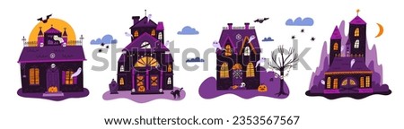 Halloween houses. Horror gothic village buildings. Spooky witches dwellings. Black cat. Creepy castles. Scary mansion with cobwebs and ghosts. Night landscape elements