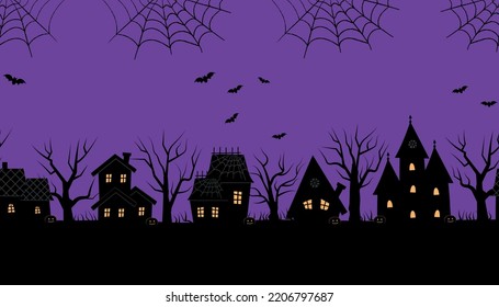 Halloween houses. Seamless border. Black silhouettes of houses and trees on purple background. There are also bats, pumpkins in the picture. Vector illustration