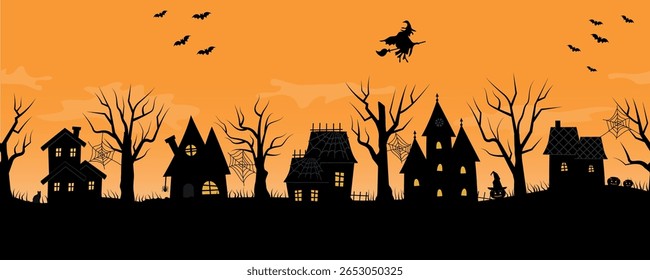 Casas de Halloween. Borda Perfeita. Aldeia Assustadora. Silhuetas pretas de casas, árvores no fundo laranja. Bruxa no quarto, morcegos, abóboras, gato preto, teia de aranha. Ilustração de vetor