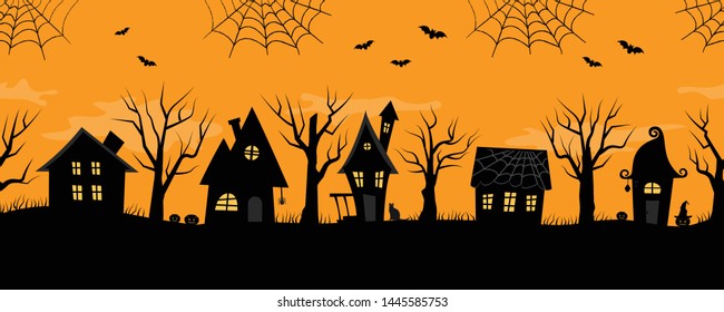 Halloween houses. Spooky village. Seamless border. Black silhouettes of houses and trees on an orange background. There are also bats, ghosts, pumpkins and a cat in the picture. Vector illustration