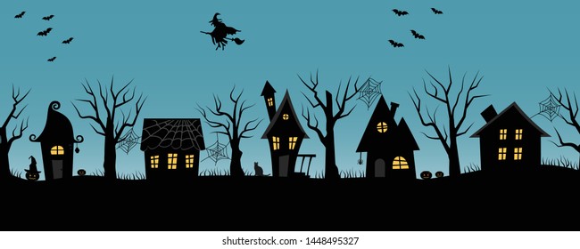 Halloween houses. Spooky village. Seamless border. Black silhouettes of houses and trees on a blue background. There are also bats, pumpkins and a witch on a broomstick in the picture. Vector