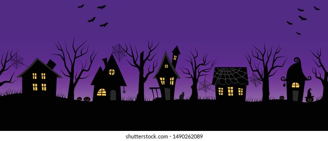 Halloween houses. Spooky village. Seamless border. Black silhouettes of houses and trees on a purple background. There are also bats, pumpkins and a cat in the picture. Vector illustration