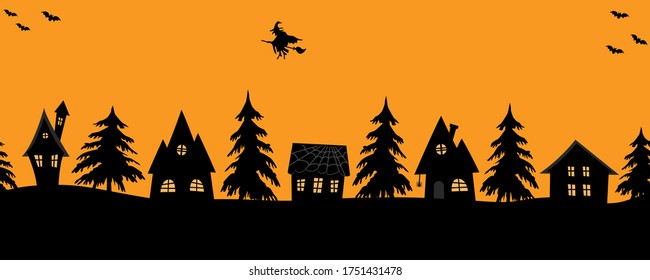 Halloween houses. Spooky village. Seamless border. Black silhouettes of houses and fir trees on an orange background. There are also bats and a witch on a broomstick in the picture. Vector