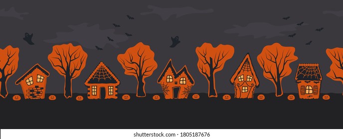 Halloween houses. Spooky village. Seamless border. Orange silhouettes of houses and trees on a black gray background. There are also bats, pumpkins and ghost in the picture. Vector illustration