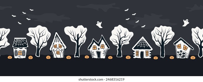 Halloween Houses. Spooky Village. Seamless Border. Silhouettes of houses and trees on black gray background. Bats, pumpkins, ghosts. Vector illustration