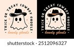 Halloween howdy ghouls cute ghost wearing a cowboy hat funny quotes trick or treat kids children girls squad shirt design. Retro vintage Wild West country aesthetic party theme printable cut file.