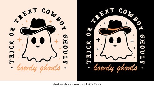 Halloween howdy ghouls cute ghost wearing a cowboy hat funny quotes trick or treat kids children girls squad shirt design. Retro vintage Wild West country aesthetic party theme printable cut file.