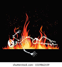 Halloween human skeleton slept in the fire vector, illustration cartoon