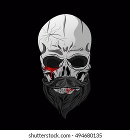  Halloween human skull with Beard isolate on black background, vector illustration.
