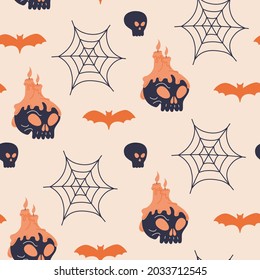 Halloween human skull and candles seamless pattern. Cute spooky spider web and bat print design. Creepy vector textile wallpaper in doodle flat cartoon style. Scary holiday, light background template