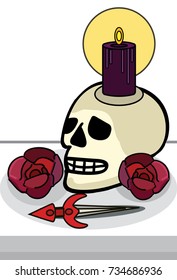 Halloween human skull and flaming candle, roses, dagger.
For festival flyers, cards, posters and prints. Vector illustration