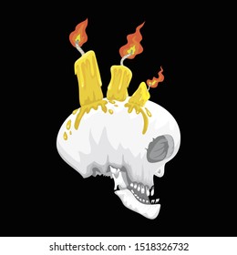Halloween human skull ghost lit up with a yellow candle vector, illustration cartoon