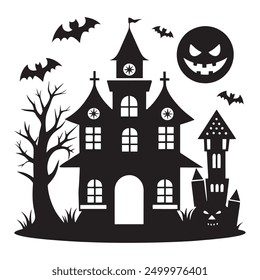 Halloween hunted house, bat, tree, pumpkin black silhouette vector art illustration, on a white background
