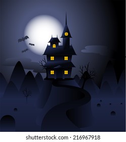 Halloween Hunted house dark night full moon and bats flying