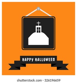 Halloween Hunted house icon. Black Happy Halloween Ribbon Banner on Orange background. Vector illustration