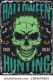 Halloween hunting vintage poster colorful green dead man head with traces of experiments and bats in sky vector illustration