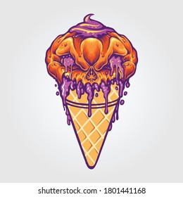 Halloween Ice Cream Cone with Candy Pumpkin Horror Illustrations