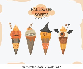 Halloween Ice cream with Popping Candy,spook symbols icons set for Halloween Party decoration.Sweet Halloween vector illustrations. 