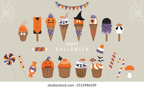 Sorvete de Halloween com Popping Candy, ícones de símbolos spook definidos para as ilustrações de vetor de Halloween Party decoração.Sweet Halloween. 