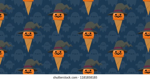 Halloween ice cream seamless pattern, Smiling cute haloween pumpkin wearing witch hats scoop of ice cream repeated on black background.Vector illustration.