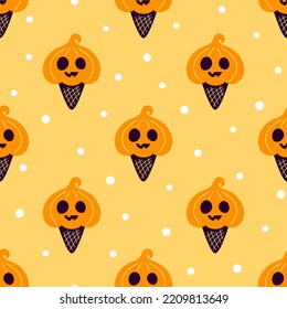 halloween ice cream seamless pattern, vector illustration of pumpkin decorate ice cream with waffle cone on orange background