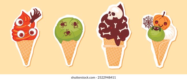 Conjunto de pegatinas de helado de Halloween. Postres en conos de gofre y decorados con arañas, Web, ojos, huesos, cráneos, calabaza. Diseños de Vectores de dibujos animados aislados en amarillo. Para usar en tarjetas, Anuncios, invitaciones.