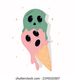 Halloween ice cream, zombie ice cream, Halloween holiday food vector illustration, Halloween food, hand drawn mystical doodle design element, magic and sorcery set doodle style, boho, esoteric doodle
