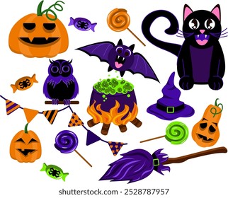 Halloween icon background with round frame. Template for packaging, postcards, posters, menus. Vector illustration.