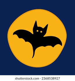 Halloween Icon bat with terrible grimace. Vector Black silhouettes icon in yellow circle moon. Design for cover, postcards, social media, logotype, web design, application interfaces and texts.