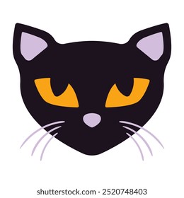 Halloween-Symbol. Schwarze Katze Gesicht mit hellgelben Augen und spitzen Ohren, symbolisiert Geheimnis und Aberglaube. Verbunden mit gruseligen Themen, Dunkelheit und nächtlichen Kreaturen.