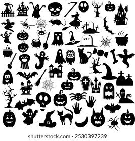 A Halloween icon bundle featuring spooky and festive graphics, including pumpkins, ghosts, bats, witches, and haunted houses. Ideal for posters, invitations, social media, and seasonal decorations.