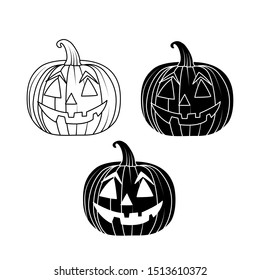 Halloween icon and character. Cute halloween pumpkins. Isolated on white background. Flat style, line style and silhouette style vector illustration