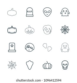 Halloween icon. collection of 16 halloween outline icons such as pumpkin, animal fang, spider web, emo emot, ghost, alien head. editable halloween icons for web and mobile.