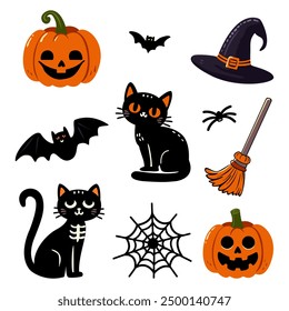 Halloween Icon Collection. Black cat skeleton, bat, magic hat, spider web, spider, pumpkin, broom. Vector, isolated on white background. Icons on Halloween theme