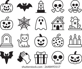 Halloween Icon Collection Black and White Spooky Holiday Designs