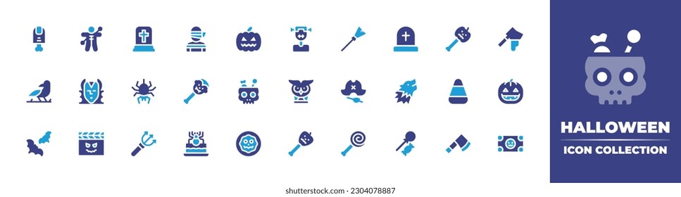 Halloween icon collection. Duotone color. Vector illustration. Containing finger, voodoo doll, tombstone, mummy, pumpkin, frankenstein, magic broom, halloween candy, axe, crow, succubus, spider, owl.