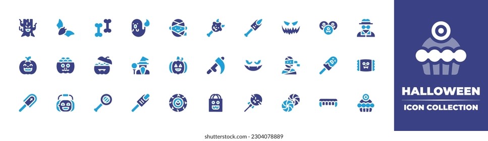 Halloween icon collection. Duotone color. Vector illustration. Containing ghost tree, bat, halloween candy, ghost, mummy, spooky, invisible man, halloween party, candies, wizard, halloween, scythe.