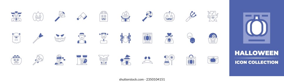Halloween icon collection. Duotone style line stroke and bold. Vector illustration. Containing demon, pumpkin, halloween candy, ax, jack o lantern, lollipop, trident, ghost tree, monster, and more.