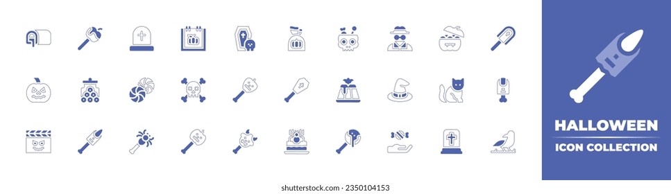 Halloween icon collection. Duotone style line stroke and bold. Vector illustration. Containing halloween candy, tombstone, halloween, invisible man, candies, skull, witch hat, black cat, and more.