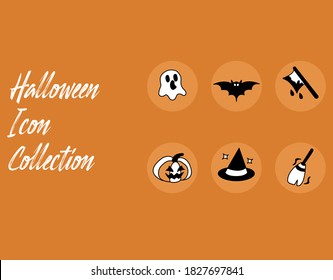 Colección de iconos de Halloween con fantasma, sombrero, calabaza, murciélago, escoba de hacha