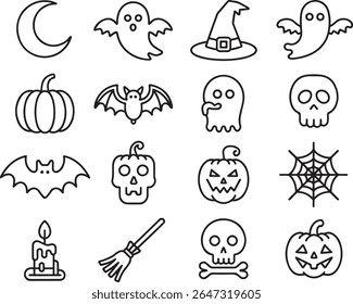 Halloween Icon Collection A Spooky Set of Classic Halloween Symbols Featuring Ghosts Pumpkins Bats and Other Iconic Imagery