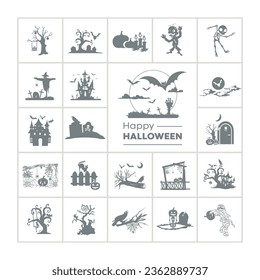 halloween icon concept set with cemetery, scary place and castle