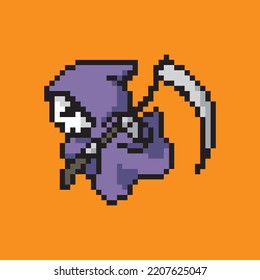 halloween icon of the death in the form of a skull with a purple hood and a sickle in his hands flying to the left chasing a victim on an orange background pixel art 8 bits style