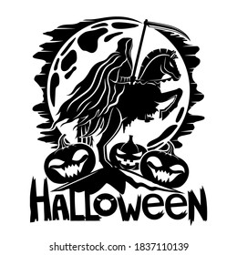 Halloween icon with death horseman and pumpkins on the background of the moon.