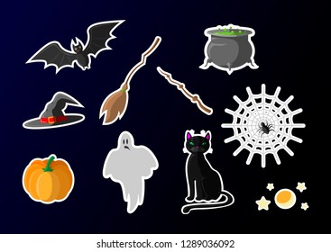 Halloween icon design set Halloween cat, witch hat, ghost, pumpkin, pot with a potion, spider on web, moon, bat, magic wand and broom Halloween stiker set