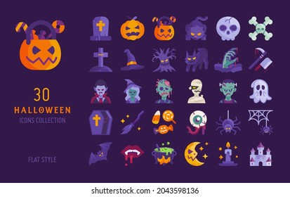 conjunto de vectores de diseño plano de icono de halloween. Fantasía y horror de la celebración del concepto aterrador aislado en un fondo oscuro