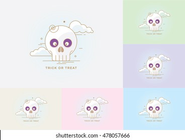 Halloween icon of a funny human skull with golden outline isolated on different color backgrounds in soft pastel hues
