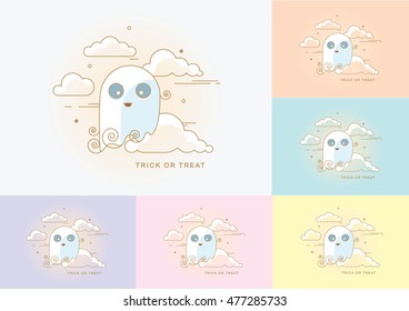 Halloween icon with golden outlines, happy ghost floating among the clouds isolated on different light color combinations