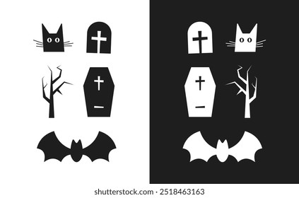 Ícone de Halloween Ilustração Set Bat Spooky Tree Grave Cruz Cat