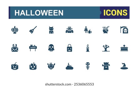 Halloween icon pack. Contains related to horror, mummy, evil, halloween party, holiday, halloween pumpkin and more. Collection for mobile and web apps. Editable vector glyph.